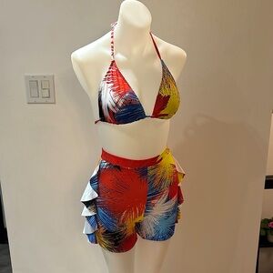 NWOT Tropical High Waist Ruffle Shorts Bikini Set